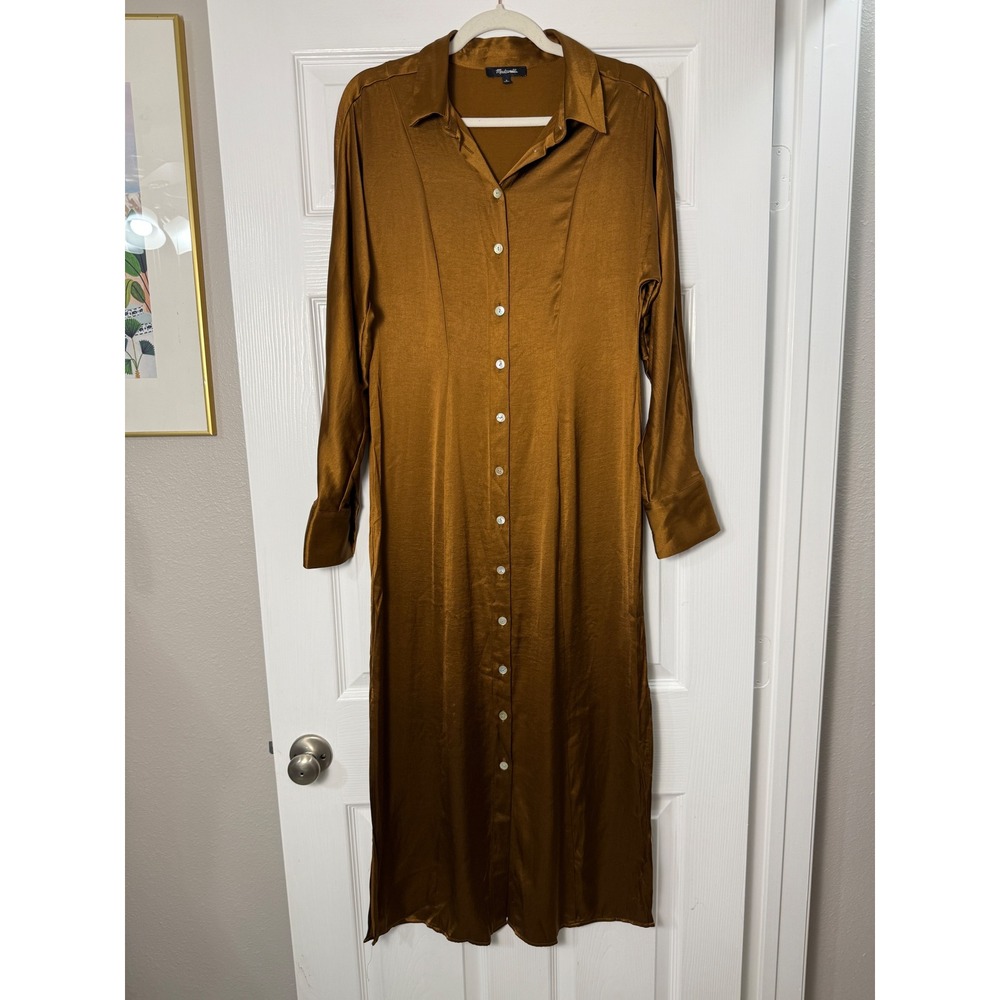 Madewell Shirt Dress Women 6 Brown Excellent Satin Maxi Long Sleeve Button Front - Picture 2 of 6